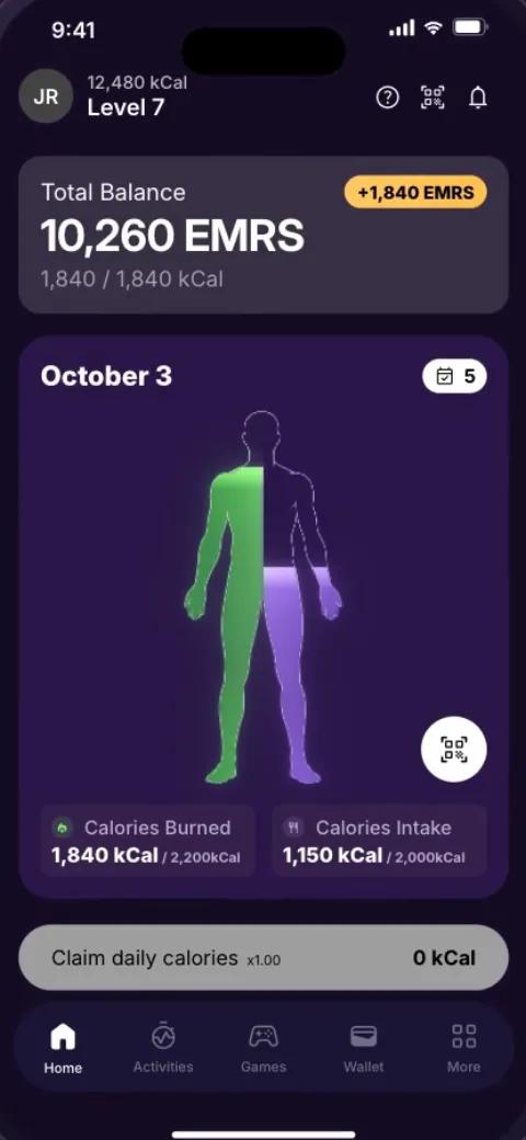 Emorya home screen with claimable calories