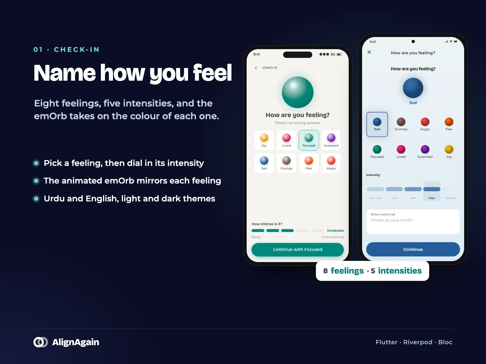 The check-in: eight emotions and five intensity levels