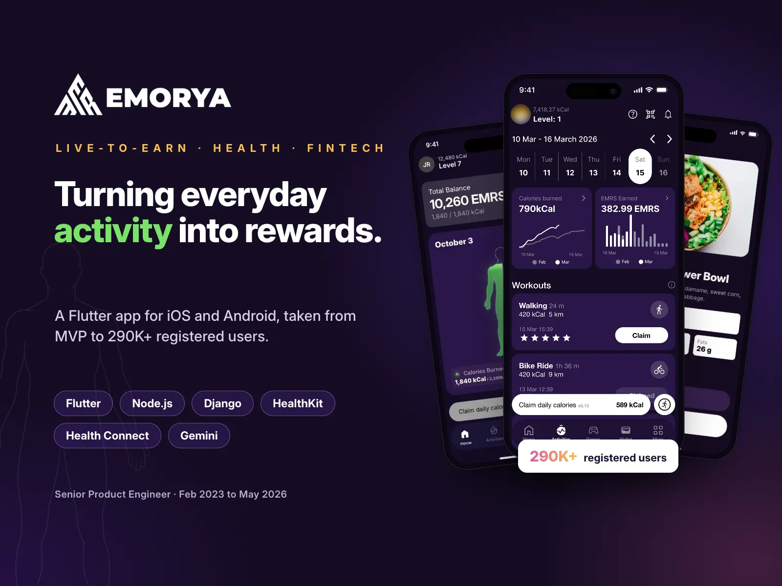 Emorya: burn calories, earn crypto. Flutter health and FinTech app.